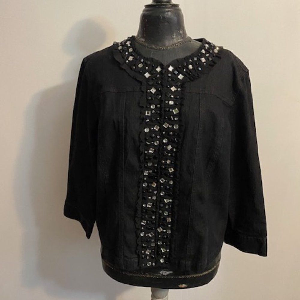 Ruby Red Black Denim Embellished 3/4 sleeves jacket, size 18
